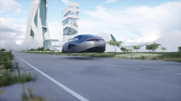 Futuristicflying car very fast driving on highway. Futuristic city concept. 3d rendering