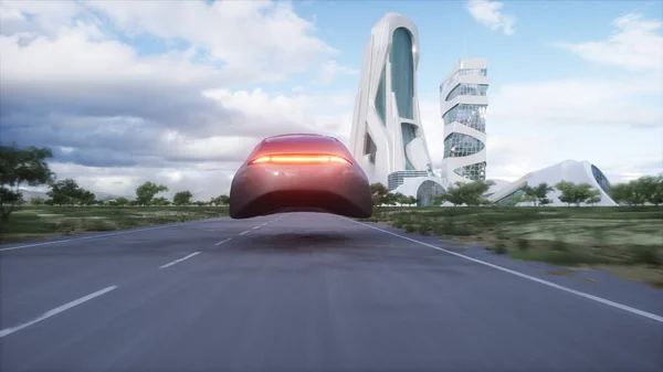 Futuristicflying Car Very Fast Driving Highway Futuristic City Concept Rendering — Foto Stock