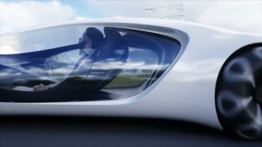 Futuristic electric car very fast driving on highway. Futuristic city concept. Realistic 4k animation