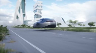 Gelecekçi uçan araba otoyolda çok hızlı gidiyor. Gelecekçi şehir konsepti. Gerçekçi 4k animasyonu