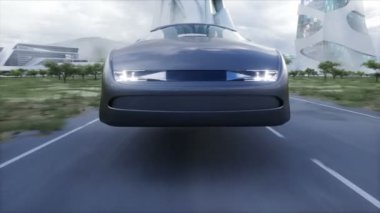 Futuristic flying car very fast driving on highway. Futuristic city concept. Realistic 4k animation