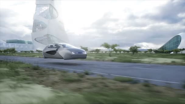 Futuristic Flying Car Very Fast Driving Highway Futuristic City Concept — Wideo stockowe