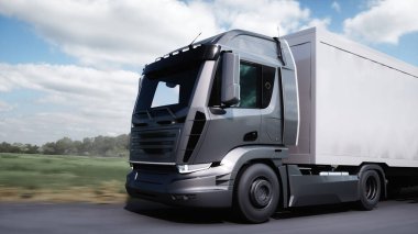 Generic 3d model of truck very fast driving on highway. Logistic, transport concept. 3d rendering