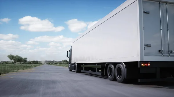 Generic 3d model of truck very fast driving on highway. Logistic, transport concept. 3d rendering