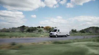 Otoyolda çok hızlı giden üç boyutlu bir karavan modeli. Gaz, petrol konsepti. Gerçekçi 4k animasyonu