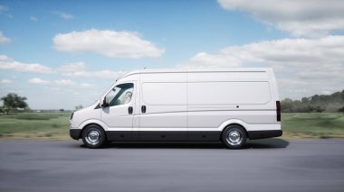 Generic 3d model of delivery van very fast driving on highway. Gas, oil concept. 3d rendering