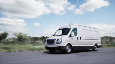Generic 3d model of delivery van very fast driving on highway. Gas, oil concept. 3d rendering