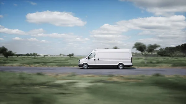 Generic 3d model of delivery van very fast driving on highway. Gas, oil concept. 3d rendering