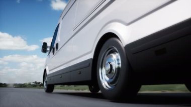 Otoyolda çok hızlı giden üç boyutlu bir karavan modeli. Gaz, petrol konsepti. Gerçekçi 4k animasyonu