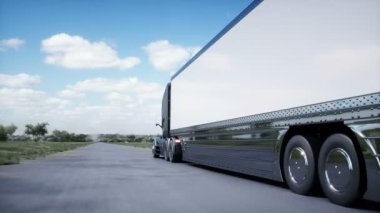 3D fütüristik elektrikli kamyon modeli otoyolda çok hızlı gidiyor. Lojistik, gelecek konsepti. Gerçekçi 4k animasyonu