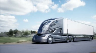 3d model of futuristic electric truck very fast driving on highway. Logistic, future concept. Realistic 4k animation