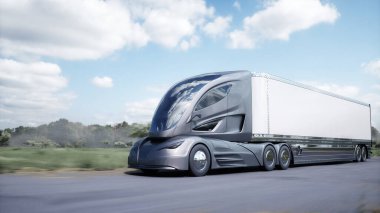 3d model of futuristic electric truck very fast driving on highway. Logistic, future concept. 3d rendering