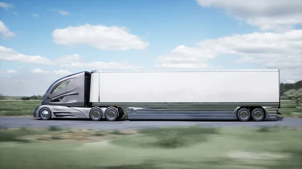 3d model of futuristic electric truck very fast driving on highway. Logistic, future concept. 3d rendering