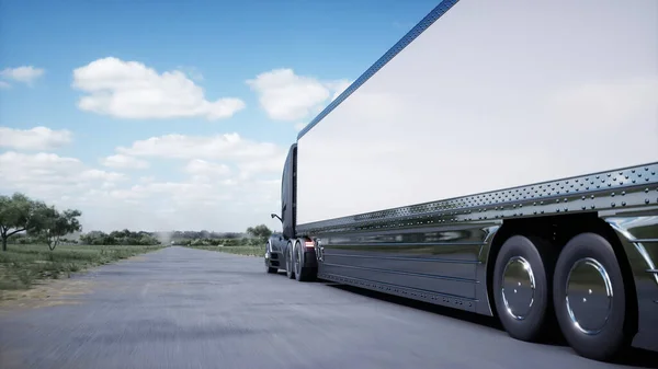 3d model of futuristic electric truck very fast driving on highway. Logistic, future concept. 3d rendering