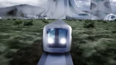 Geleceğe ait tren çok hızlı sürüyor. Gelecekçi şehir konsepti. Gerçekçi 4k animasyonu