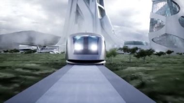 Geleceğe ait tren çok hızlı sürüyor. Gelecekçi şehir konsepti. Gerçekçi 4k animasyonu