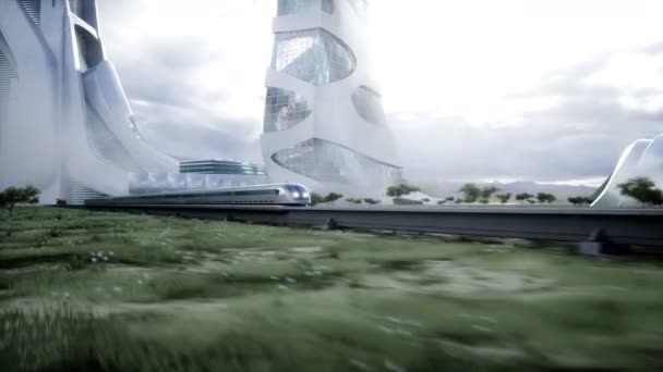 Futuristic Train Very Fast Driving Futuristic City Concept Realistic Animation — Vídeo de Stock