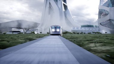 Geleceğe ait tren çok hızlı sürüyor. Gelecekçi şehir konsepti. 3d oluşturma