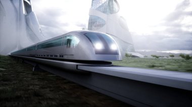 Futuristic train very fast driving. Futuristic city concept. 3d rendering