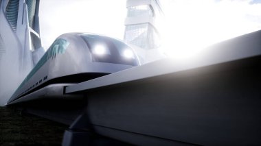 Futuristic train very fast driving. Futuristic city concept. 3d rendering