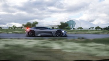 Futuristik spor araba otoyolda çok hızlı gidiyor. Gelecekçi şehir konsepti. 3d oluşturma