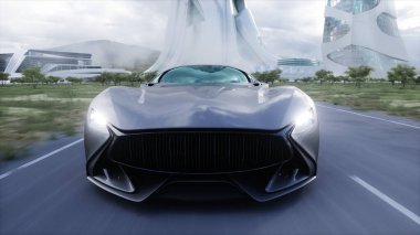 Futuristik spor araba otoyolda çok hızlı gidiyor. Gelecekçi şehir konsepti. 3d oluşturma