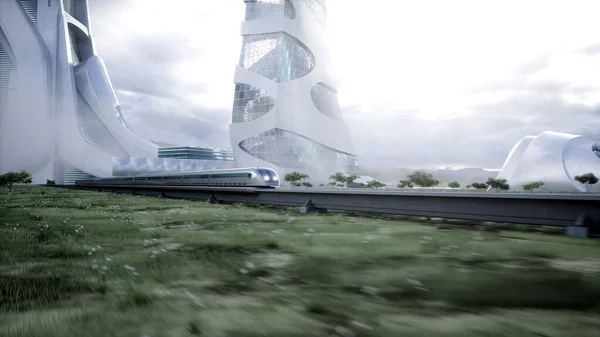 Futuristic train very fast driving. Futuristic city concept. 3d rendering