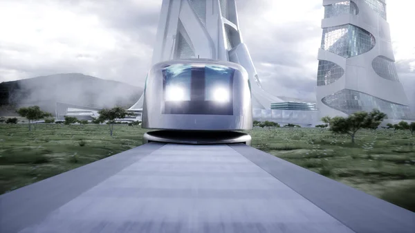 Futuristic Train Very Fast Driving Futuristic City Concept Rendering — Foto de Stock