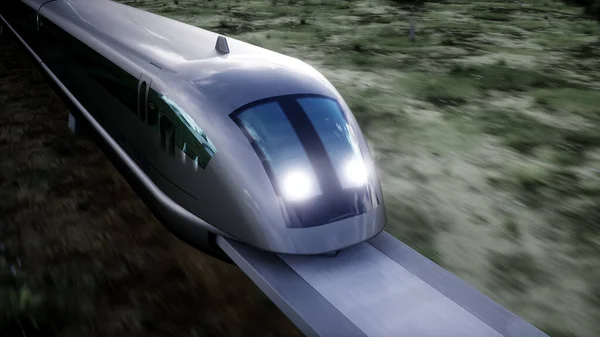 Futuristic train very fast driving. Futuristic city concept. 3d rendering