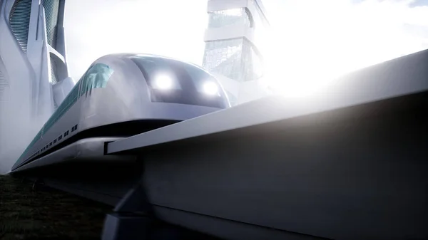 Futuristic Train Very Fast Driving Futuristic City Concept Rendering — Stock fotografie
