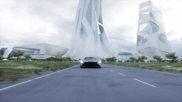 Futuristic Sport Car Very Fast Driving Highway Futuristic City Concept — Stockfoto