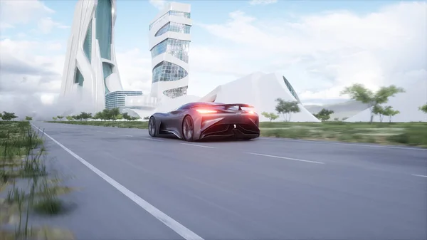 Futuristic sport car very fast driving on highway. Futuristic city concept. 3d rendering
