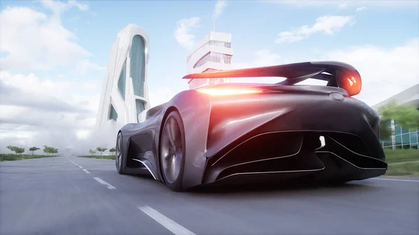 Futuristic sport car very fast driving on highway. Futuristic city concept. 3d rendering