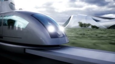 Geleceğe ait tren çok hızlı sürüyor. Gelecekçi şehir konsepti. Gerçekçi 4k animasyonu