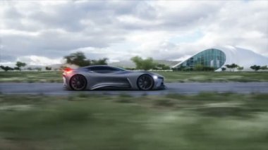 Futuristic sport car very fast driving on highway. Futuristic city concept. Realistic 4k animation