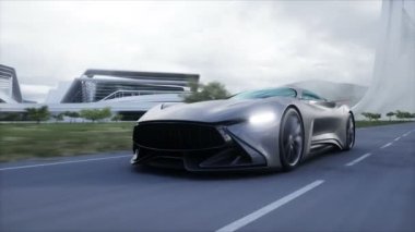 Futuristik spor araba otoyolda çok hızlı gidiyor. Gelecekçi şehir konsepti. Gerçekçi 4k animasyonu