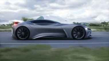 Futuristik spor araba otoyolda çok hızlı gidiyor. Gelecekçi şehir konsepti. Gerçekçi 4k animasyonu