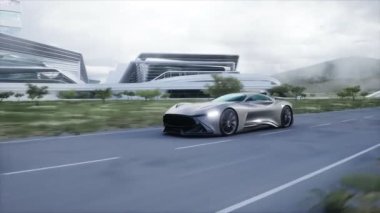 Futuristik spor araba otoyolda çok hızlı gidiyor. Gelecekçi şehir konsepti. Gerçekçi 4k animasyonu
