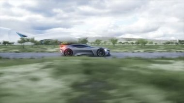 Futuristik spor araba otoyolda çok hızlı gidiyor. Gelecekçi şehir konsepti. Gerçekçi 4k animasyonu