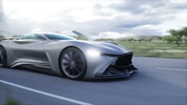 Futuristik spor araba otoyolda çok hızlı gidiyor. Gelecekçi şehir konsepti. Gerçekçi 4k animasyonu