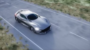 Futuristic sport car very fast driving on highway. Futuristic city concept. Realistic 4k animation
