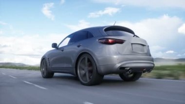 Luxury suv very fast driving on highway. Transport concept. Realistic 4k animation