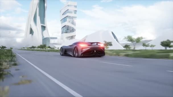 Futuristik Spor Araba Otoyolda Çok Hızlı Gidiyor Gelecekçi Şehir Konsepti — Stok video