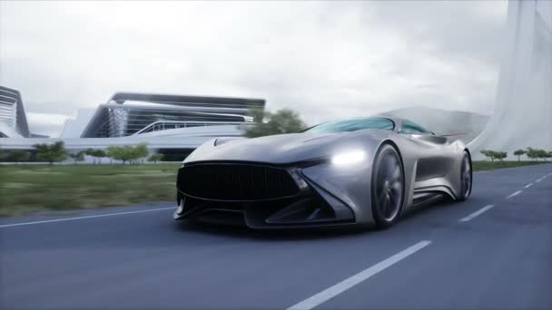 Futuristic Sport Car Very Fast Driving Highway Futuristic City Concept — Vídeo de Stock