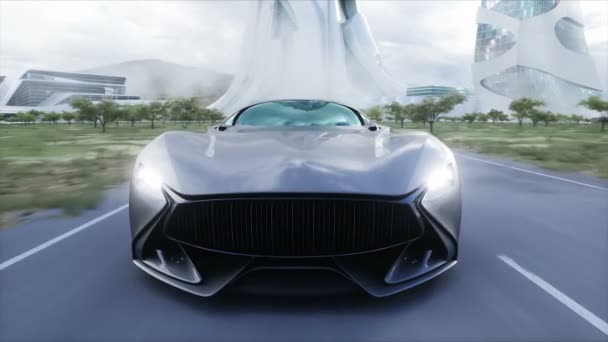 Futuristic Sport Car Very Fast Driving Highway Futuristic City Concept — стоковое видео
