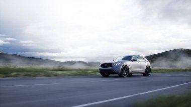 Luxury suv very fast driving on highway. Transport concept. 3d rendering
