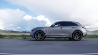 Lüks SUV otobanda çok hızlı gidiyor. Ulaşım konsepti. 3d oluşturma