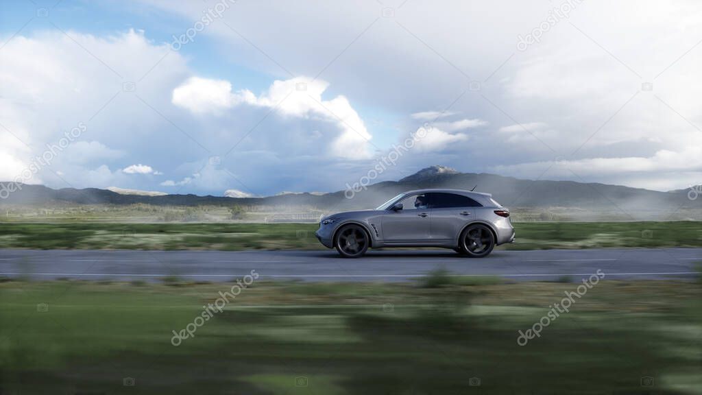 Luxury suv very fast driving on highway. Transport concept. 3d rendering