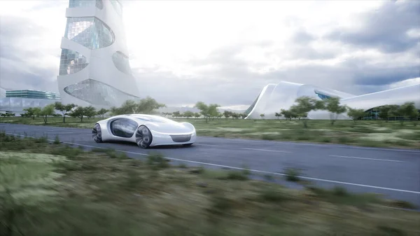 Futuristic electric car very fast driving on highway. Futuristic city concept. 3d rendering