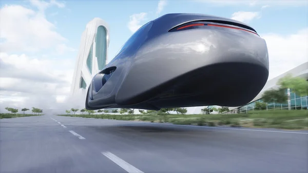 Futuristicflying car very fast driving on highway. Futuristic city concept. 3d rendering